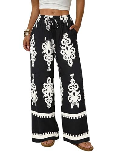 LOOKBOHO Wide Leg Pants for Women High Waisted Palazzo Pants Casual Flowy Tie Knot Cruise Pant with Pockets Black White M - Image 1
