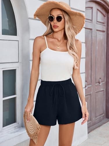 Heymoments Wide Leg Shorts Women Lightweight Dark Blue Medium High Waisted Flowy Dressy Loose Fit Summer Ladies Cute Beach Trousers with Pockets - Thumbnail 6