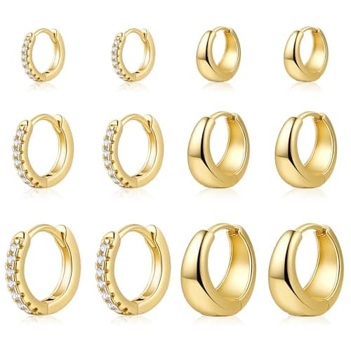 ALLHOLA 6 Pairs 14K Gold Plated Hoop Earrings for Women Hypoallergenic Small Huggie Hoops Earring Set for Sensitive Ears Non Tarnish Trendy Chunky Gold/Silver Earrings Cartilage Stacks for Multiple Piercing Jewelry Lightweight (Gold hoops CZ) - Image 1