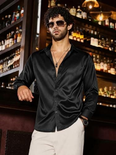 Vssjavun Men's Satin Dress Shirt Shiny Button Down for Party Club Disco - Thumbnail 3