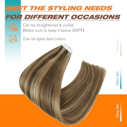 Sunny Hair Tape in Hair Extensions Human Hair 14 Inch Remy Hair Extensions Tape ins for Women Dark Brown Highlight Caramel Blonde Hair Extensions Real Human Hair Tape Ins 20Pcs 50g - Thumbnail 4