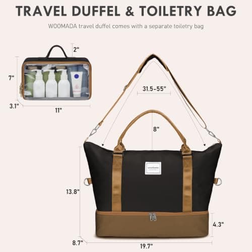 WOOMADA Weekender Overnight Bag for Women, Carry on Shoulder Travel Duffel with Shoes Compartment,Gym Bag with Toiletry Bag(black&coffee&brown) - Thumbnail 2