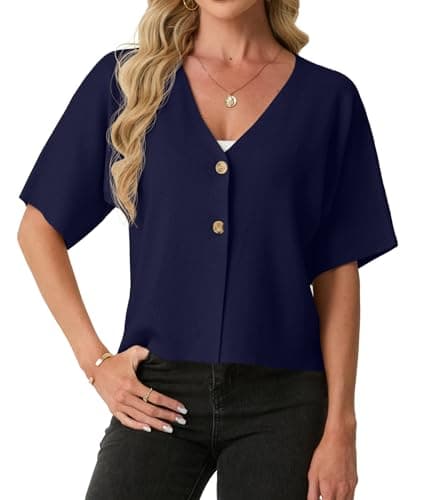 GRECERELLE Women's Summer Lightweight Short Sleeve Cardigans V Neck Casual Knit Button Down Sweater for Work or Vacation, Navy Blue, L - Thumbnail 4