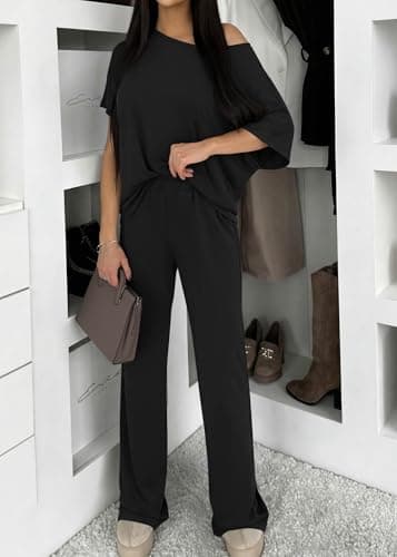 KIRUNDO Lounge Sets for Women Airport Travel Outfit 2026 Summer Off the Shoulder Tops Wide Leg Pants 2 Piece Matching Set(Black, X-Large) - Thumbnail 2