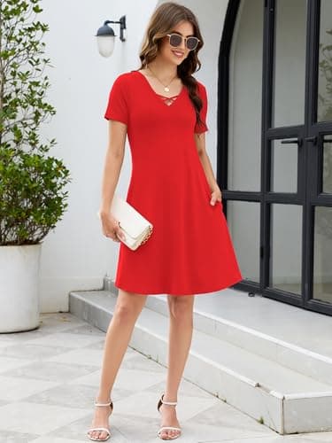 KORSIS Women's Midi Dresses Summer Casual T-Shirt Short Sleeve Criss Cross V Neck Swing Soft Loose Beach Party Vacation midi Soild Dress with Pockets (S-2XL) Red - Thumbnail 4