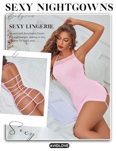 Avidlove Lingerie Set Modal Sleepwear Halter Neck Full Slip Tight Night Gowns for Adult Sleeveless Nightgown (Pink,M) - Thumbnail 4