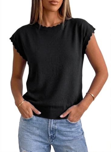 Jenisso Women Summer Sweater Cap Sleeve Lightweight Pullover Soft Knit Top with Scallop Wavy(Black,XL) - Thumbnail 4