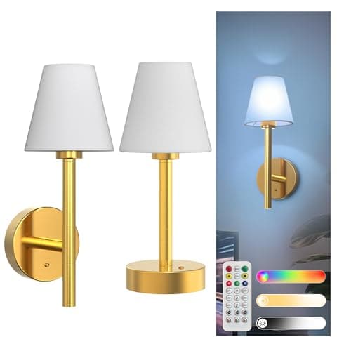 L LOHAS LED Battery Operated Wall Sconce & Table Lamp 2-in-1, 10000mAh Battery Powered Dimmable Wall Lamp with App, 15 DIY Color, Wireless Sconces Wall Decor for Living Room, Bedroom, Gold