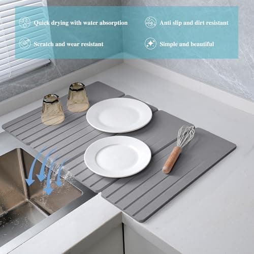 Extral Large Quick Dry Stone Drying Mat for Kitchen Counter,28x16 Inch Collapsible Eco-Friendly Absorbent Diatomaceous Earth Mat for Dishes Cups (Medium Gray-Upgraded Version, 16x12 inch) - Thumbnail 3