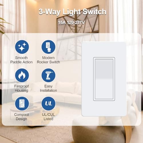 Veltrone 3 Way Light Switch, 15A 120V, UL Certified, White, Rocker, Single Pole 3-Way Circuit, Dual Control from 2 Locations - Thumbnail 4
