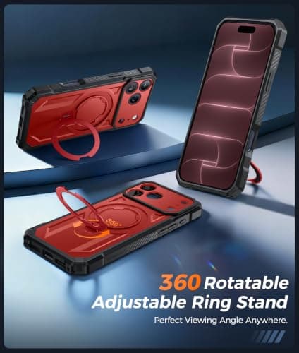 FNTCASE for iPhone 17 Pro-Max Case: [360 Spin Magnetic Ring Kickstand] [Compatible for MagSafe] [Screen Protector] Heavy Duty Military Grade Protection Protective Phone Case with Stand Red - Thumbnail 4