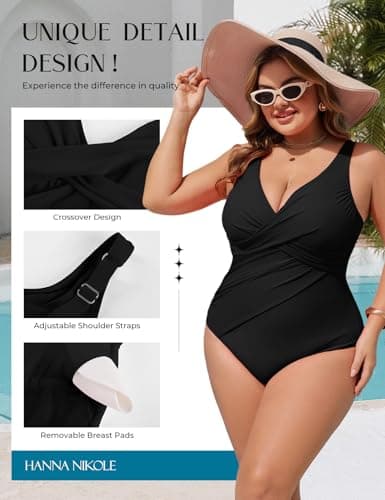 Hanna Nikole Women Tummy Control One Piece Swimsuit,V-Neck Bathing Suit,High Coverage Swimsuit for Summer Vacations Black 16W - Thumbnail 3