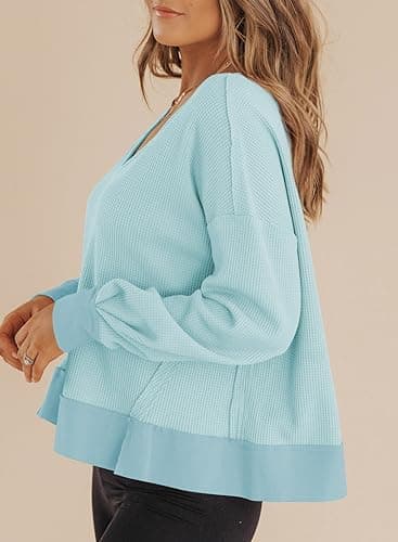 Dokotoo Cropped Sweaters for Women 2025 Spring Tops Long Sleeve Waffle Knit Tops Trendy Cute Crop Sweatshirt Tops Pullover Soft Oversized Sweater Sky Blue Sweaters for Women S - Thumbnail 3