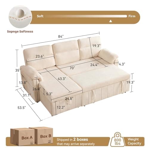 Tbfit 84" Sofa Bed Couch, Pull Out Couch with USB & Type-C Charging, Convertible Sofa Bed with Storage Chaise, Chenille Queen Sleeper Sofa for Small Spaces, Living Room, Apartment, RV, Beige - Thumbnail 2