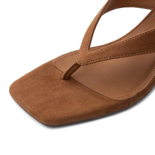 Athlefit Women's Low Wedge Sandals Trendy Dressy Square Open Toe Summer Beach Flip Flops Thong Heeled Sandals, Brown Suede, Size 7, SAPS2613W - Thumbnail 5