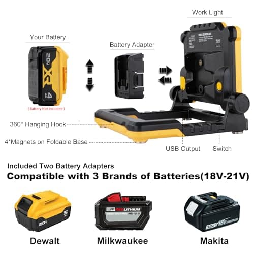 DAYTECH 25W 4000LM Cordless LED Tripod Work Light, Compatible with DeWalt Milwaukee Makita 18-21V Tool Batteries, 160LM/W High Efficiency Industrial Flood Work Lamp for Electrical, Jobsite Lighting - Thumbnail 2