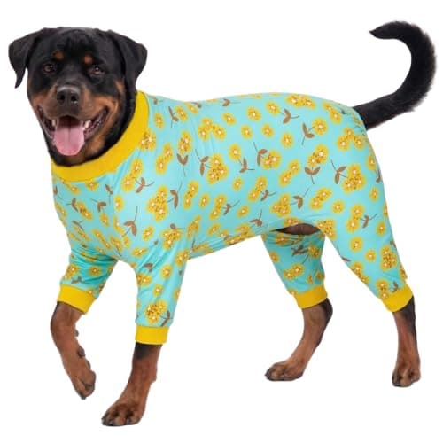 LovinPet Large Dog Pajamas Pitbull - Pet Anxiety Relief, Sun Protection Dog Pajamas, Comfy Stretchy Fabric, Mint Flower Print, Pitbull Clothes, Pitbull Onesie, Large Breed Apparel,Yellow XL - Image 1