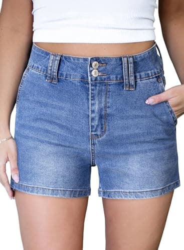 Astylish Womens Jean Shorts High Waisted Stretchy Denim Cowgirl Outfits with Trendy Fashion Slanted Pockets Beau Blue Size 8 - Image 1