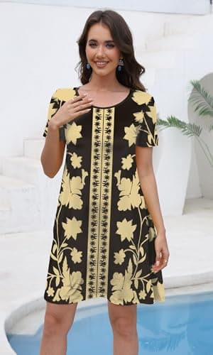 COSSEN Women's Summer 2026 Casual Tshirt Dress Black Boho Printed XX-Large Crew Neck Short Sleeve with Pockets Flowy Loose Swing A-Line Sundress - Thumbnail 4