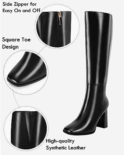Coutgo Womens Wide Calf Knee High Boots Chunky High Heel Square Toe Fashion Leather Shoes with Side Zipper,Black,Size 6.5 - Thumbnail 3