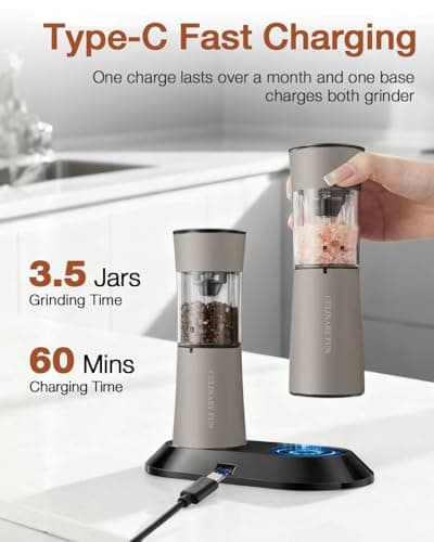 Electric Salt and Pepper Grinder Set with USB-C Charging Base,Rechargeable Automatic Stainless Steel Pepper Mill Grinder with LED Light, 2pack(Brown) - Thumbnail 6