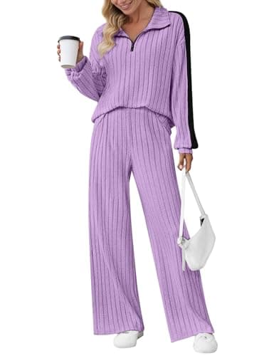 JUSTFASHIONNOW Womens Sweatsuits 2 Piece Set Two Piece Travel Outfits Half Zip Sweatsuits Long Sleeve Sweatshirt Wide Leg Pants Soft Lounge Sets Winter Tracksuit (Purple, Large) - Thumbnail 2