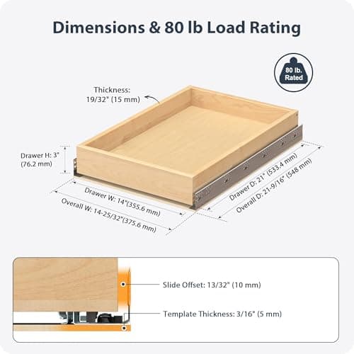 Sylunawyn Pull Out Drawers for Cabinets - Birch Wood Pull-Out Drawer 14" W x 21" D - Soft Close Slide Out Shelves for Kitchen Cabinets & Pantry Cabinet Organizer, Heavy Duty, Full-Extension - Thumbnail 2