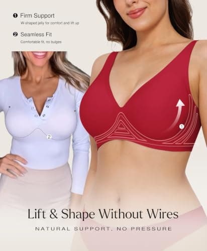 Seamless Bras for Women Comfy Push Up Supportive Wireless Bralettes Deep V Comfortable Tshirt Bras No Underwire Red S - Thumbnail 2