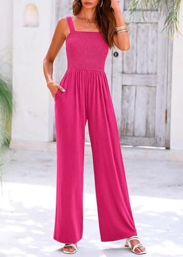 KIRUNDO Womens Overalls Dressy Casual Wide Leg Sleeveless One Piece Smocked Jumpsuits for Women Rose Red Wide Strap Long Pant Rompers Travel Outfits(Rose Red, Small) - Thumbnail 6