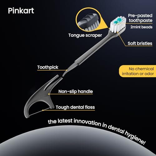 Pinkart 5-in-1 Travel Toothbrush | Disposable toothbrushes with Toothpaste | Floss/Toothpick/Tongue Scraper | Individually Wrapped Disposable toothbrushes | 5.3" Extended Handle (48 Count) - Thumbnail 5