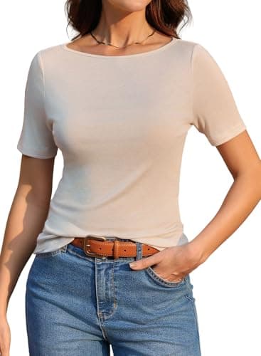 EVALESS Womens Wool Blend Summer Beige Tops 2026 Casual Crewneck Short Sleeve Shirts Basic Tees Sexy Light Sheer Fitted Plain T Shirts Small - Image 1