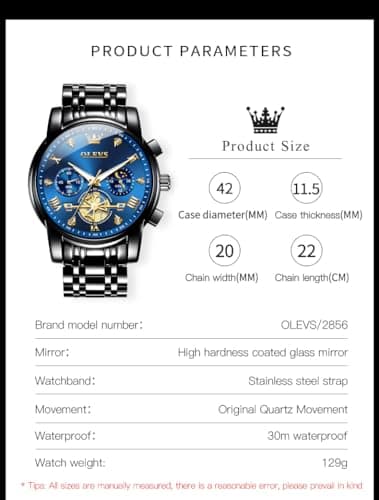 OLEVS Watch Men Blue Dial Black Stainless Steel Luxury Chronograph Dress Analog Quartz Wrist Watches for Men Waterproof Moon Phase Fashion Luminous Nice Mens Watches Relojes para Hombres - Thumbnail 4