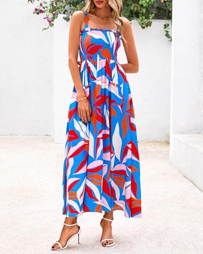 PRETTYGARDEN Womens Summer Dresses 2026 Casual Spaghetti Strap Ruffle Smocked Flowy Floral Spring Maxi Dress with Pocket(Floral Blue Multicolored,X-Large) - Thumbnail 6