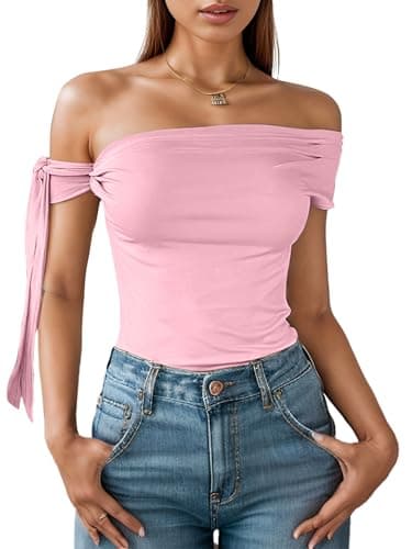 Off The Shoulder Tops for Women - Tie Shoulder Ruched Going Out Slim Fit Solid Y2K Tops Pink - Image 1