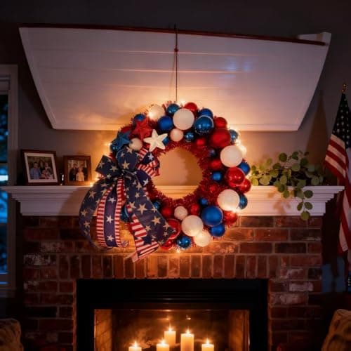 HipTree 16 Inch Patriotic Ball Wreath for Front Door with Lights, 4th of July Wreath with Red White Blue Stars & Ribbon for Memorial Day, Independence Day,Veterans Day, Flag Day,Summer Decorations - Thumbnail 6