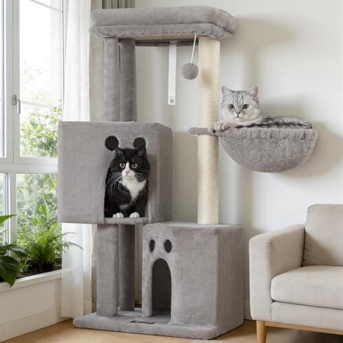 Small Cat Tree Tower for Indoor Cats, 40 In Medium Multi-Level Compact Cat House Bed with 2 Condo, Large Platform Perch, Sisal Scratching Post, Hammock, Cat Climbing Stand for Kitty kitten(Light Grey) - Image 1