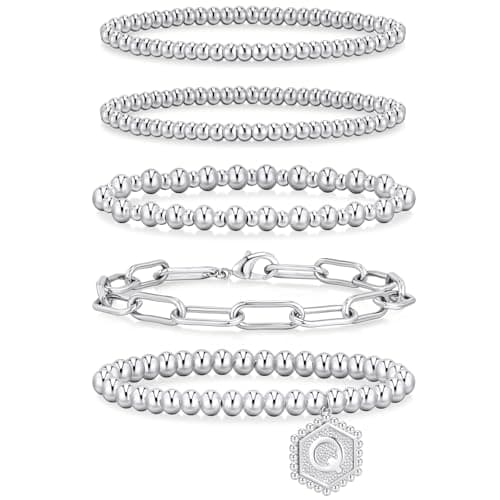 adoyi Silver Beaded Bracelets for Women, 14K Gold Plated Jewelry Bracelet Stack Dainty Initial Stackable Stretch Bead Ball Letter Q Strand Bracelet Set Adjustable Gift for Women - Image 1