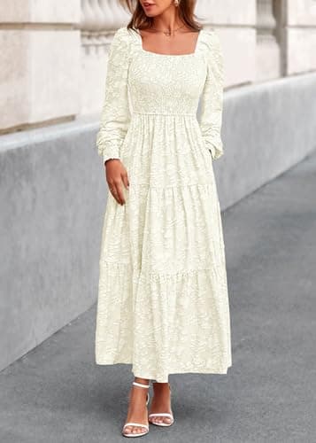 KIRUNDO Wedding Guest Dresses for Women 2026 Spring Summer Long Sleeve Smocked Floral Flowy Baby Shower Maxi Dress Pockets (Cream, Medium) - Thumbnail 5
