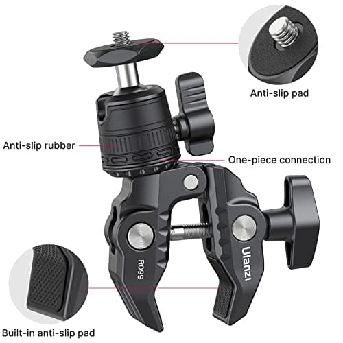 ULANZI R099 Super Clamp Camera Mount with 360° Ballhead for Bike/Bicycle/Motorcycle Handlebar Pole Tripod Tube Crossbar Gimbal Rods Mount for Insta360/GoPro/AKASO/DJI/Phone/DSLR/Light/Monitor - Thumbnail 6
