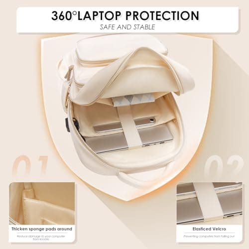 MDODO Laptop Backpack for Women,Travel Backpack with Laptop Compartment,Casual Daypack College Bookbag Computer Backpack for Work with Small Organizer Bag,Beige - Thumbnail 4