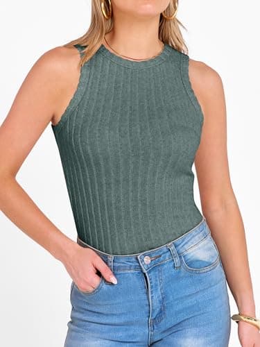 ANRABESS High Neck Tank Tops for Women Sleeveless Shirts Summer 2026 Basic Soft Slim Fit Racerback Trendy Casual Outfits Green XXL - Thumbnail 2