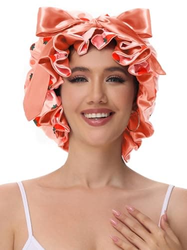 Vettres Silk Bonnet for Sleeping Women, Satin Hair Shower Cap 2025 Tie Band Adjustable Straps Head Wrap for Curly Hair Strawberries F - Thumbnail 3