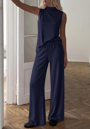 BTFBM 2 Piece Outfits For Women Airport Travel Summer 2026 Loose Mock Neck Sleeveless Wide Leg Pants Workout Lounge Sets(Navy Blue, X-Large) - Thumbnail 5