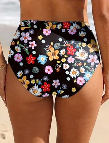 Arolina Women's High Waisted High Waisted Full Coverage Bathing Suit Bottoms Black Floral Tummy Control Ruched Swim Shorts Bikini Briefs - Thumbnail 2