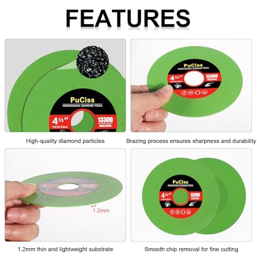 PuCiss 4-1/2 Inch Glass Cutting Disc for Angle Grinders, Diamond Saw Blades Wheel Multi-Material for Grinding Ceramic, Crystal, Tile, Wine Bottle, 7/8" Arbor - 3 Pack - Thumbnail 4