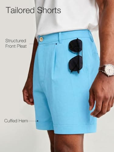 JEMLDL Men's Cotton Linen Shorts 7" Casual Pleated Summer Vacation Beach Coastal Nautical Elastic Waist Sky Blue Shorts with Pockets Medium - Thumbnail 6