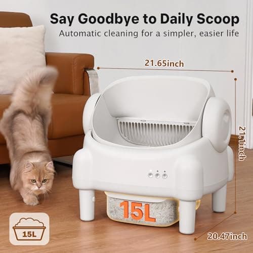 Self Cleaning Litter Box,Open Top Automatic Litter Box with App Control for Multiple Cats, Safety Sensors Protection, Odor Control Includes 2 roll Liners,Large Waste Bin, Cream White - Thumbnail 6