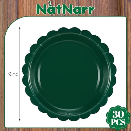 NatNarr 30 Pcs Dark Green Plates 9 Inch Scalloped Green Paper Plates Disposable Dessert Dinner Plate for Wedding, Master Party, Bridal Baby Shower - Thumbnail 2