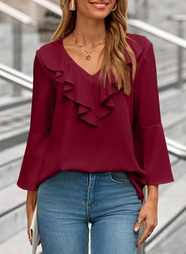 Dokotoo Spring Tops for Women 2026 3/4 Sleeve Blouses Trendy Ruffle V Neck Shirts Business Casual Outfits Trendy Work Shirt Women's Chiffon Red Blouses Large - Thumbnail 2
