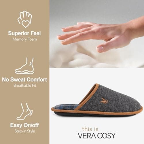 VeraCosy Men's Knitted Scottish Slippers with Soft Memory Foam Non Slip Indoor Rubber Sole Black,9-10 US - Thumbnail 5